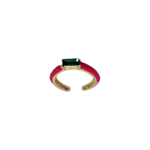 Gold-Tone Baguette Green Glass Stone and Pink Enamel Stack Ring Adjustable Size - Picture 1 of 3